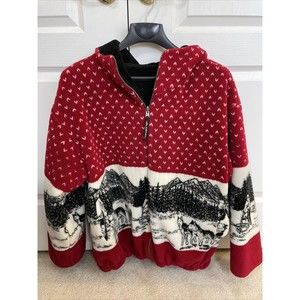Vintage Denali Reversible Fleece Heavy Jacket Red Sled Dogs Huskies Men Sz Large